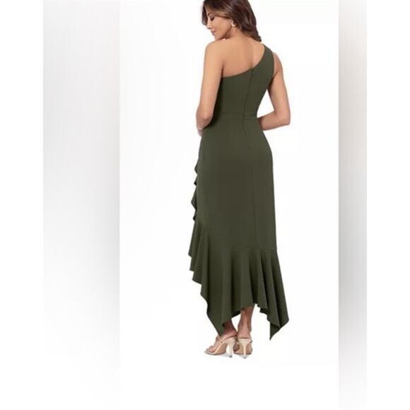 XSCAPE One Shoulder Asymmetric Hem Gown STYLE: 4840X Olive Green Sz 12 NWT $239 - Picture 2 of 15